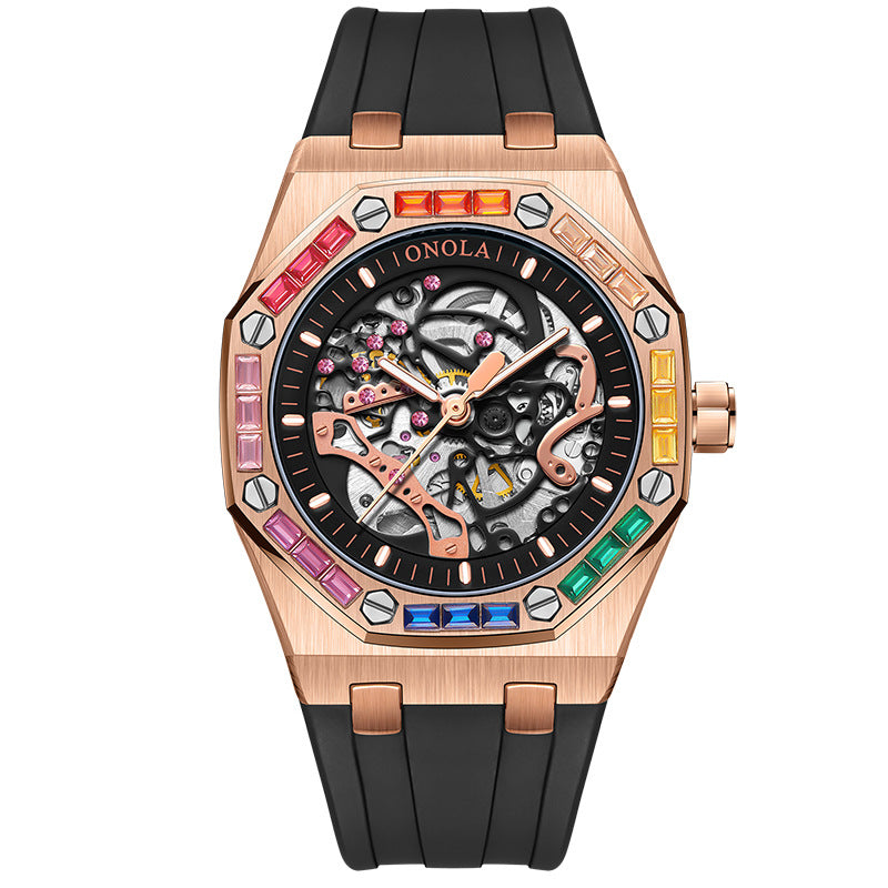 Men's Silicone Band Rainbow Diamond Automatic Mechanical Watch
